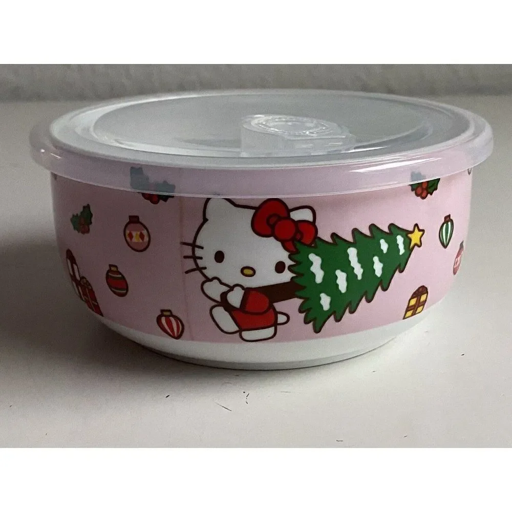 Hello Kitty Christmas Pressure Lid Ceramic Food‎ Storage Bowl Pink MEDIUM NEW